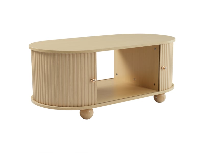 Table basse 100x50x40 cm, design ovale, porte coulissante à rayures verticales, mdf, couleur bois - Conforama E