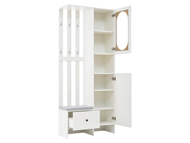  Vestiaire d'entrée, meuble de rangement avec banc de chaussage et portemanteau, en panneaux de particules et verre trempé 85x33.5x200cm, blanc  - Conforama D