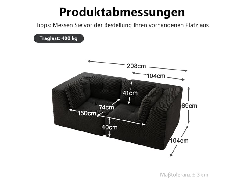  Canapé droit modulable 2 places velours côtelé noir – 208 x 104 x 69 cm Fay Lum - Conforama C