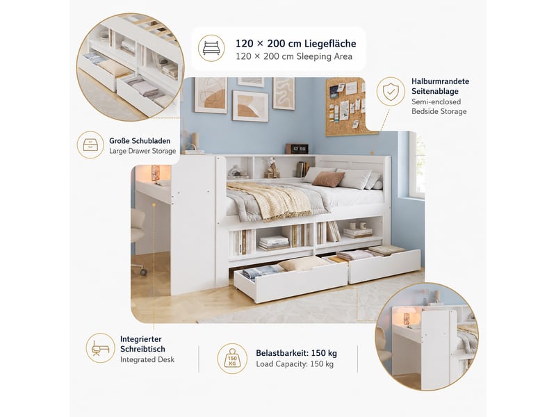 Lit combiné 120 x 200 cm en bois avec bureau intégré, armoire, 2 tiroirs, niches et contour de lit, blanc evarich - Conforama D