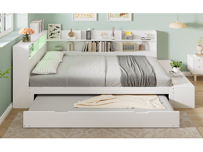  Lit avec rangement 120 x 200 cm, lit gigogne 90 x 190 cm, led, port de charge, étagères et banquette intégrée, blanc  - Conforama E