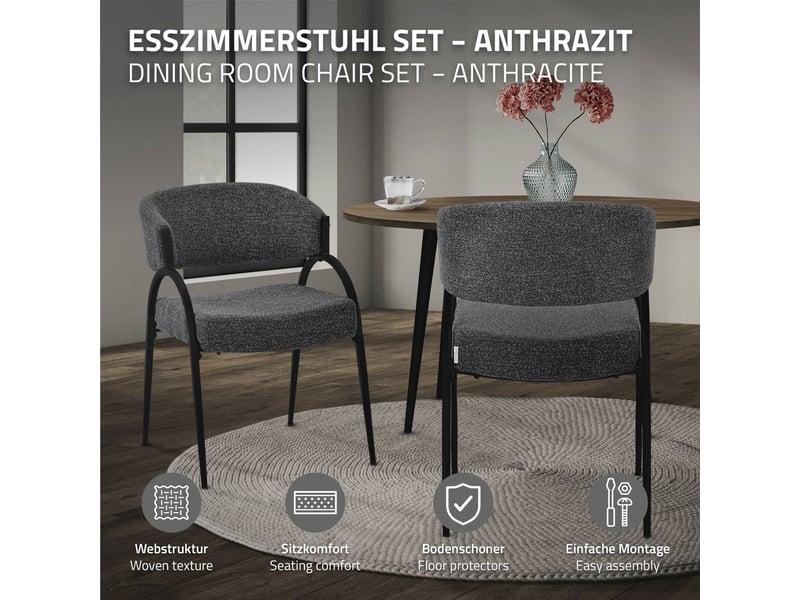  Ml-design lot de 2 chaises de salle à manger rembourrées en tissu bouclé, avec accoudoirs et dossier incurvée, cadre en acier, rembourrage confortable, pour salon cuisine bureau, 120 kg, anthracite ECD Germany GmbH - Conforama B