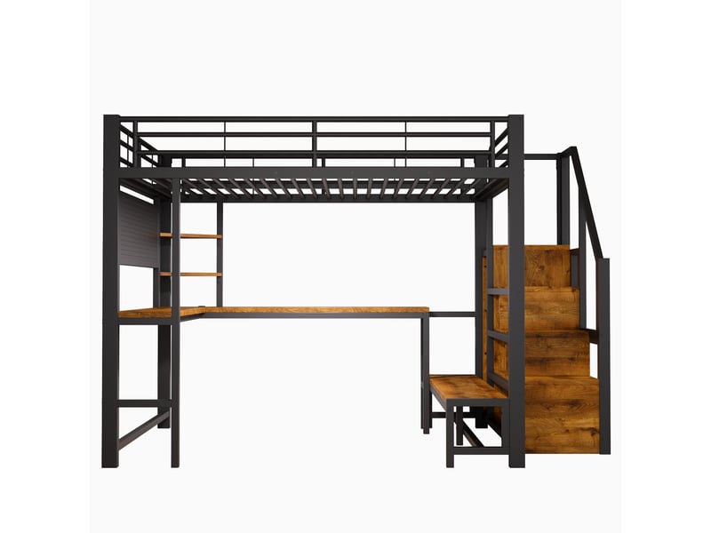  Lit mezzanine 140x200 cm avec bureau, rangements, led et prises usb, noir, moderne  - Conforama A