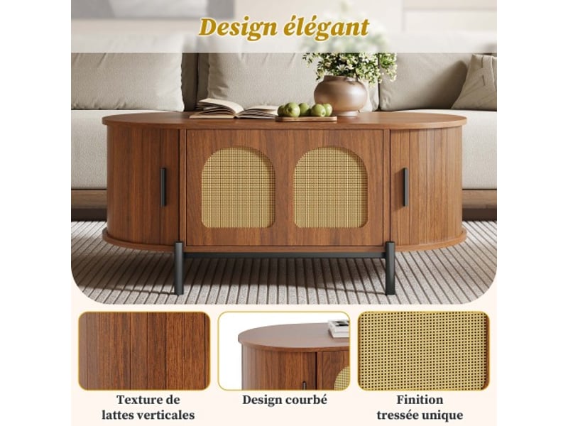 Table basse ovale en rotin avec portes coulissantes - look bois, pieds métal, rangement multifonctionnelle  - Conforama E