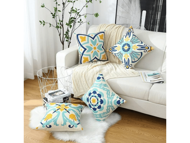  Lot de 4 housse de coussin - 45 x 45 cm lot de 4 taie d'oreiller extérieure imperméable imprimées florales housses de coussin boho farmhouse taie coussin canapé decoration pour terra, bleu  - Conforama D
