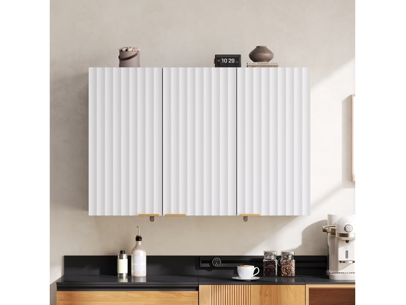  Armoire murale 3 portes, rangement fermé, poignées dorées, pour cuisine et salle de bain, mdf blanc, 90 × 29 × 60 cm  - Conforama C