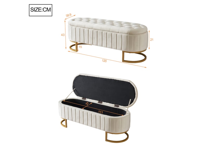  Banc coffre tcqpz 120 x 39,9 x 43 cm en velours beige pieds en métal  - Conforama C