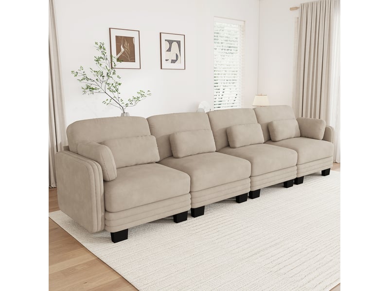  Canapé modulable - 4 places - coussins d'accoudoirs - tissu chenille - mobilier de salon - configuration flexible - brun clair CozyNest - Conforama B