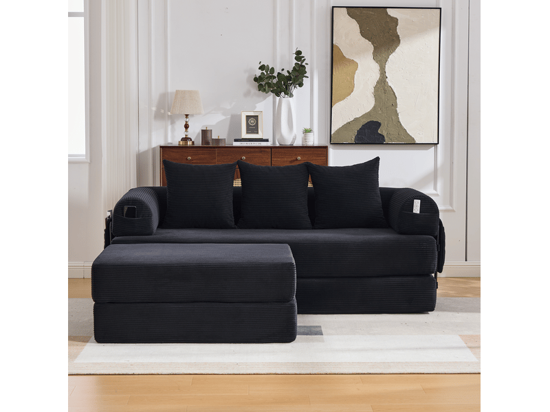  Canapé modulaire 3 places en velours côtelé noir avec pouf, coussins et poche latérale, confort contemporain  - Conforama E