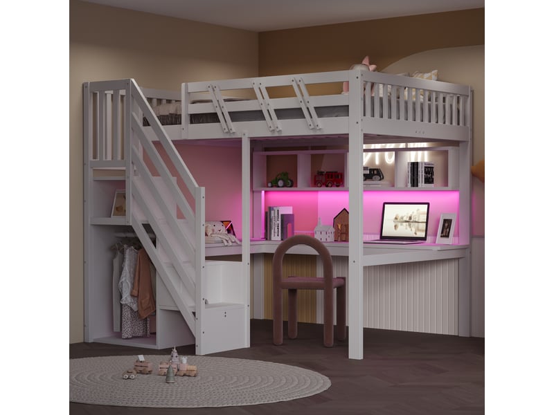  Lit double en bois massif 140x200 cm, lit avec bureau, port usb et éclairage led, lit simple, lit 1 personne, blanc  - Conforama E