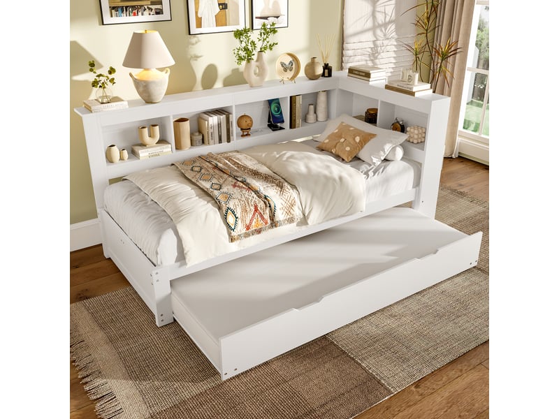 Banquette-lit 90 x 200 cm, lit gigogne inclus, prise et 2 ports usb, sans matelas, blanc, pin, gain de place  - Conforama E