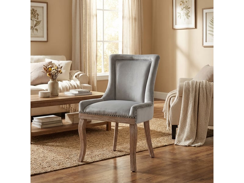  Chaise lot de 6 salle à manger velours gris capitonnée clous décoratifs pieds bois massif  - Conforama B