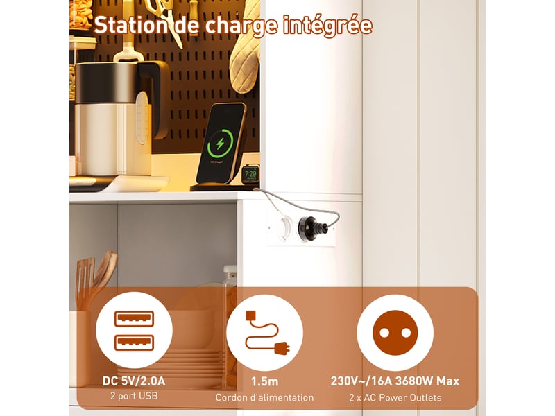  Armoire de cuisine blanc avec led et prises meuble de rangement mdf 5 tiroirs 185 cm  - Conforama W