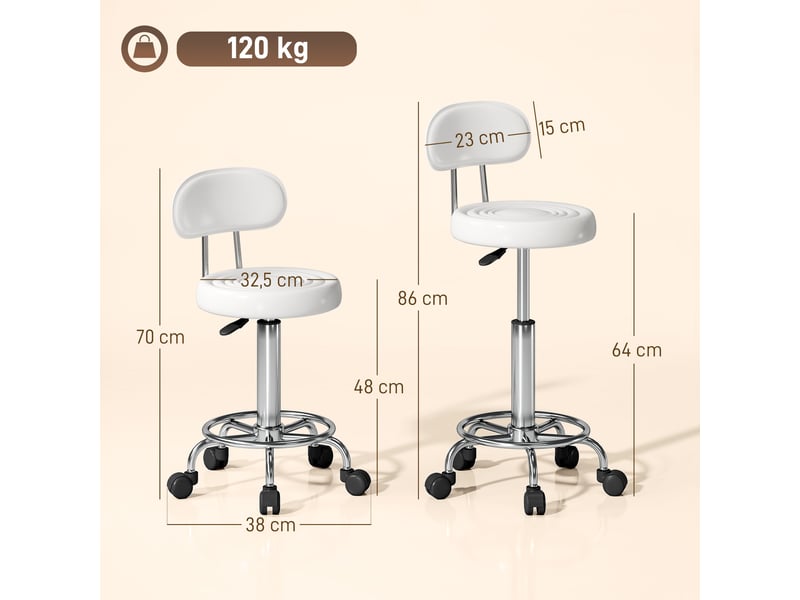 Tabouret pivotant blanc avec dossier et roulettes pour salon de beauté ou studio de tatouage hauteur réglable 32x40x70-86cm  - Conforama C