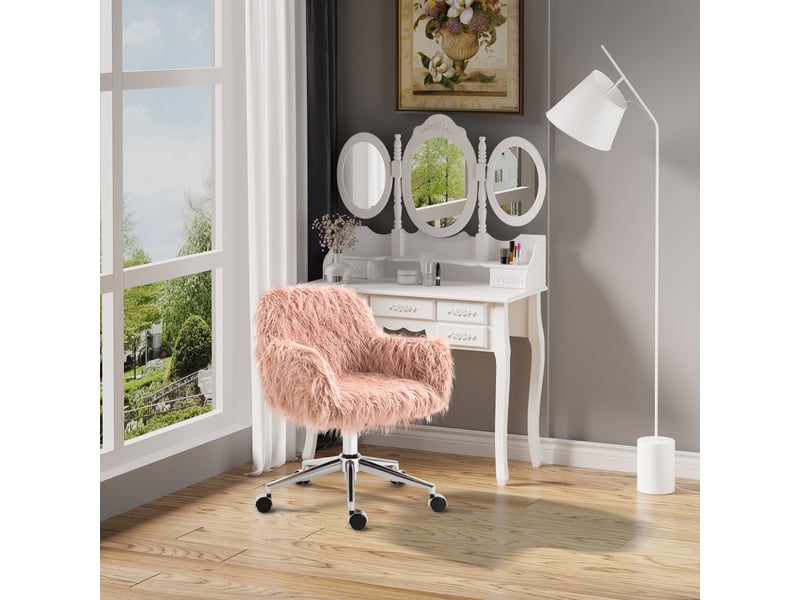  Fauteuil direction pivotant, coiffeuse, fausse fourrure, roseargent, 57x60x75-85 cm.  - Conforama D