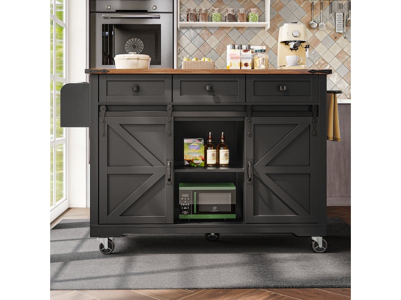  Îlot de cuisine noir avec plateau extensible, chariot sur roulettes avec 2 portes coulissantes et 3 tiroirs, meuble de rangement, 140cm.  - Conforama C