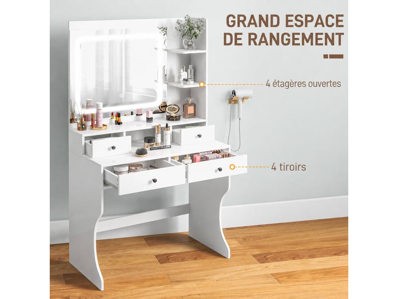 Coiffeuse blanche avec miroir led 3 teintes, 4 tiroirs, 4 étagères, 2 prises et 2 ports usb, 90 x 45 x 160 cm - Conforama C