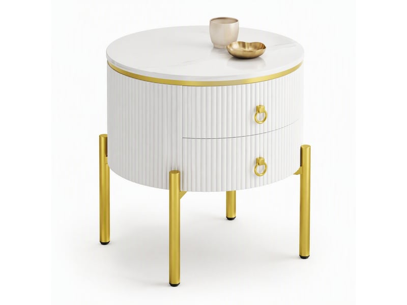  Table basse ronde avec 2 tiroirs, pieds réglables, effet marbre et détails dorés, pour salon, mdf, blanc, 50 x 50 x 51 cm  - Conforama A