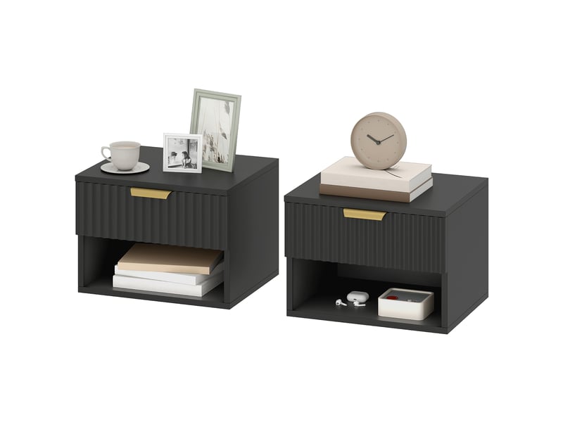  Lot de 2 tables de chevet suspendues, tables de nuit murales avec tiroir et niche, moderne, 40x34x29cm, noir  - Conforama B