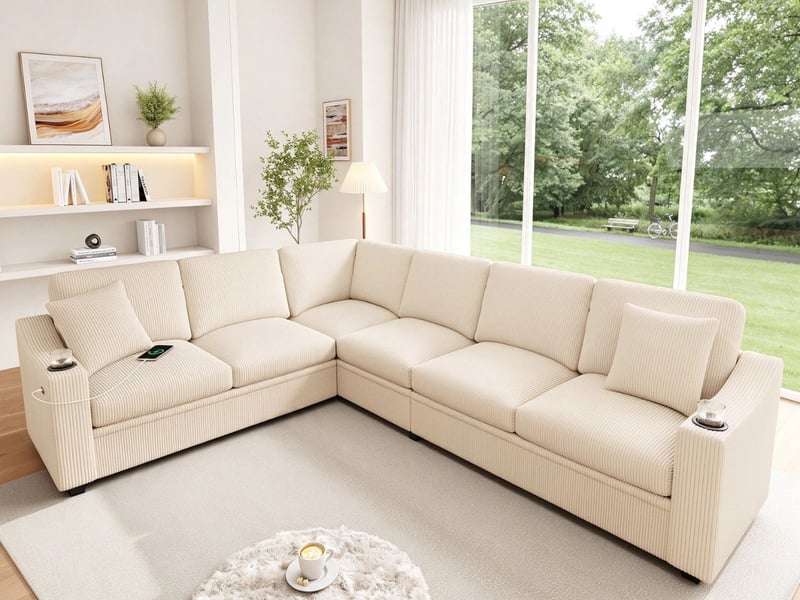  Canapé d'angle en modulaire, 6 places, 3 modules indépendants pour salon, 277 × 215 × 85 cm, beige  - Conforama B
