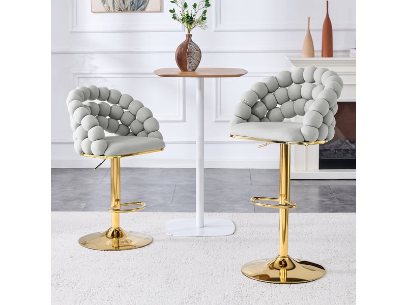  Tabouret de bar lot de 2 avec dossier à chaîne de billes, hauteur réglable, style moderne en velours gris  - Conforama C