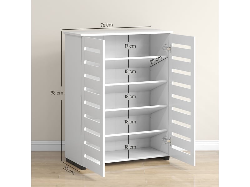  Étagère à chaussures à 5 niveaux avec 4 étagères réglables et portes à lattes, en bois, 76 x 33 x 98 cm, blanche  - Conforama D