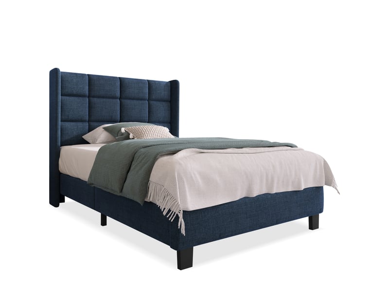  Modenvie lit 1 place 90x200 cm - tête de lit rembourrée en lin, sommier inclus - bleu  - Conforama A