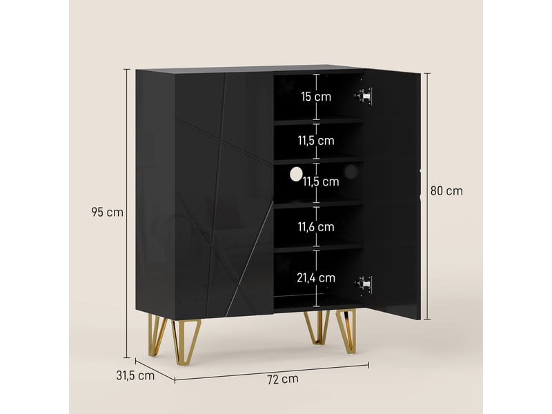  Meuble à chaussures à 2 portes, étagère à chaussures, rangement pour chaussures avec 3 étagères réglables, 72 x 31,5 x 95 cm, noir  - Conforama D
