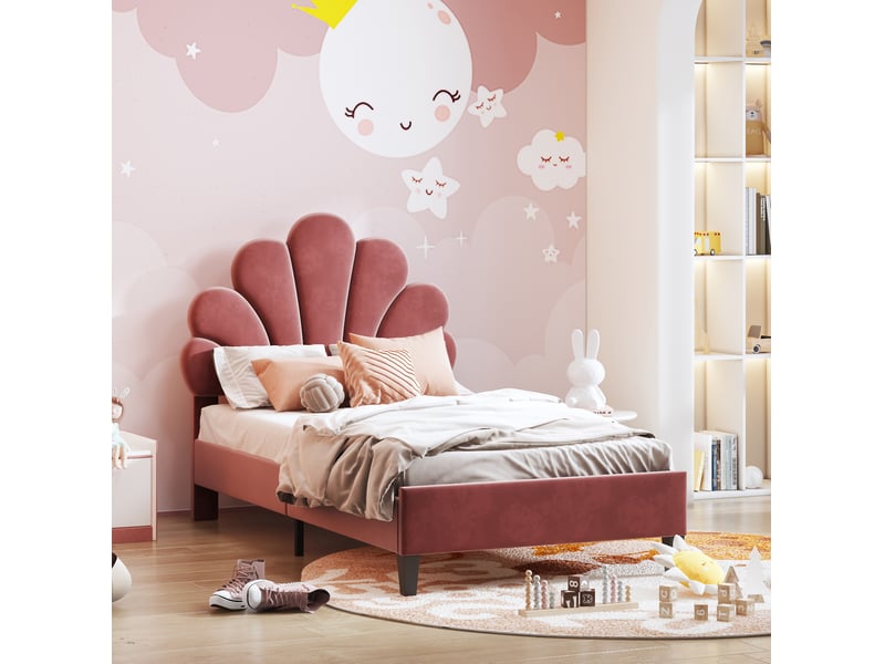  Modenvie lit enfant capitonné 90x200 cm - tête de lit fleur en velours, sommier inclus, sans matelas - rouge  - Conforama B