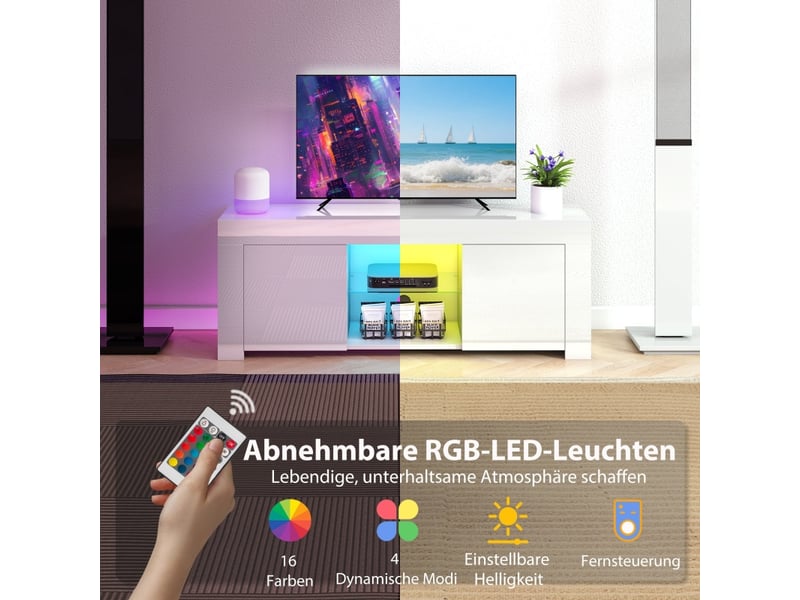  Meuble tv avec 2 portes, 2 niches ouvertes, led et passe-câbles pour salon moderne blanc brillant 120×34×45 cm  - Conforama E