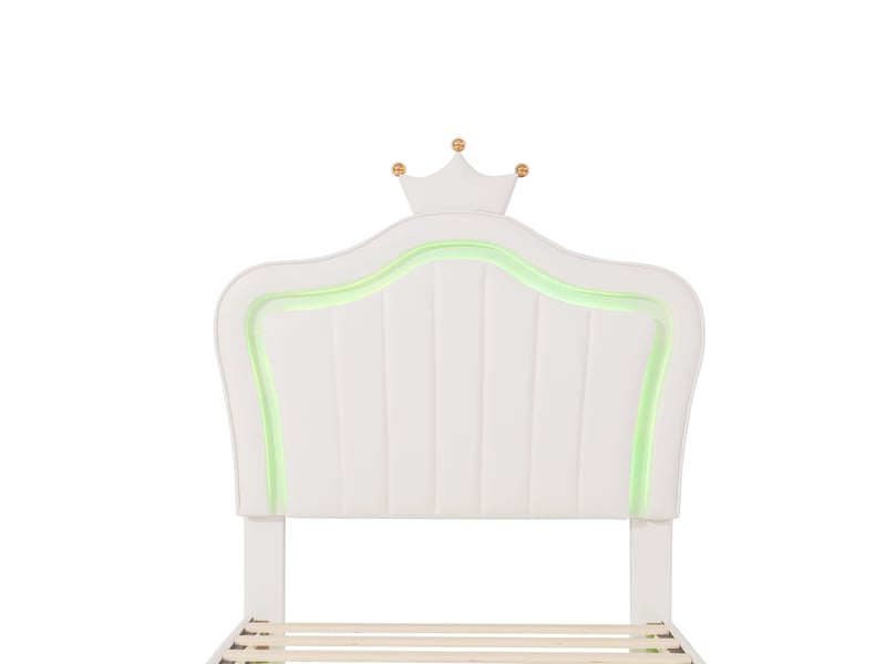 Lit 2 places pour filles,lit enfant en pu cuir 90x200cm avec couronne et lumières led en 16 couleurs,en forme de coquille,tête de lit réglable en hauteur,sans matelas,blanc lit enfant blanc - Conforama E