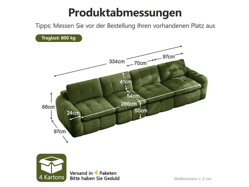  Canapé modulaire 4 places sans cadre, assise profonde en mousse 32d et modules reliables en chenille vert  - Conforama C