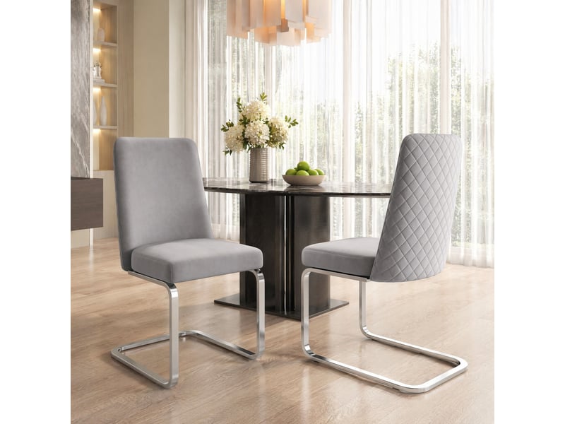  Chaises de salle à manger lot de 2 avec dossier capitonné  - pieds en métal argenté, velours gris  - Conforama C