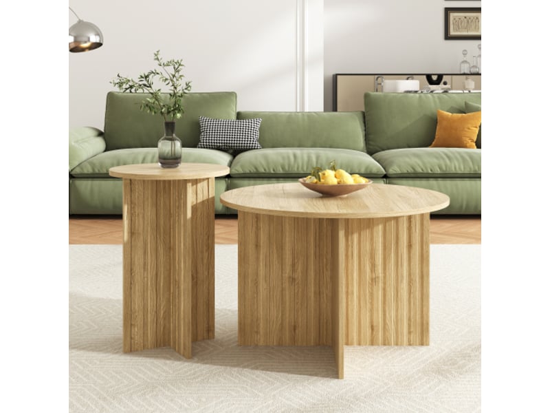  Table basse naturelle, ensemble de tables gigognes 2 pièces, tables basses rondes au design scandinave  - Conforama C
