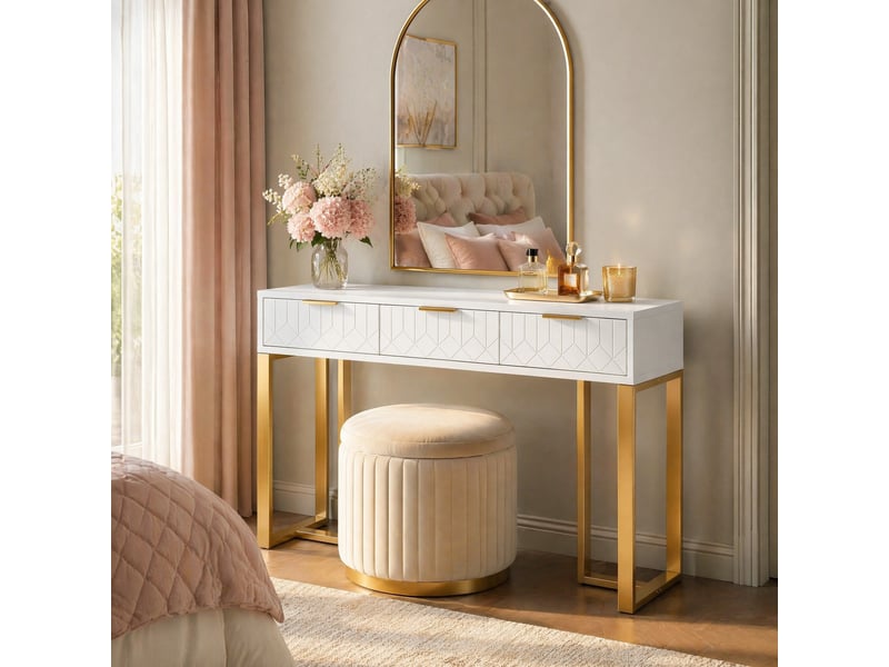  Console moderne 120x36x80 cm avec 3 tiroirs blanc et doré  - Conforama E