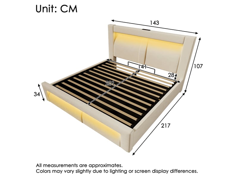  Lit double 140 x 200 cm beige en velours avec rangement hydraulique, led, ports usbtype-c et matelas  - Conforama E