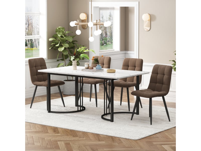 Ensemble salle à manger 5 pièces : table 140×80 cm, pieds métal noirs, plateau mdf blanc, 4 chaises velours brun - Conforama B