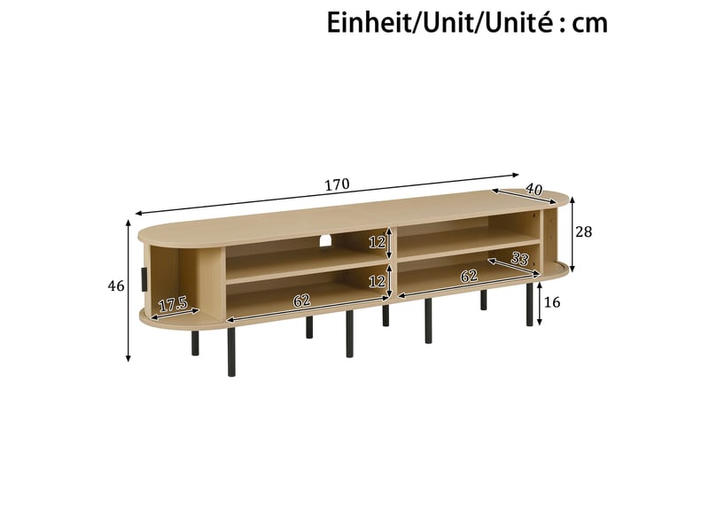  Meuble tv 170x40x46 cm, portes coulissantes, passe-câbles, façades texturées, pieds métal, grand rangement pour salon - naturel  - Conforama C