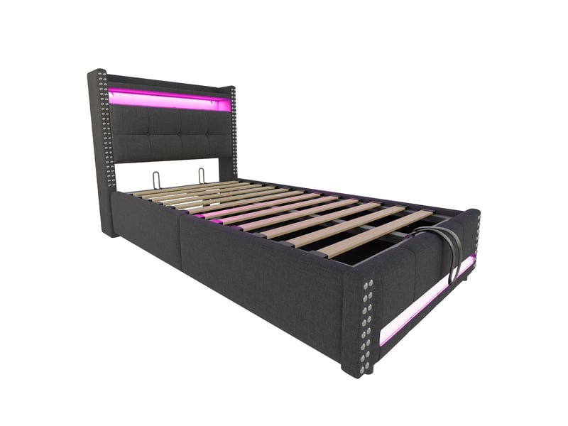  Lit enfant 90 x 200 cm avec rangement hydraulique, led multicolore et prise usb  - Conforama A