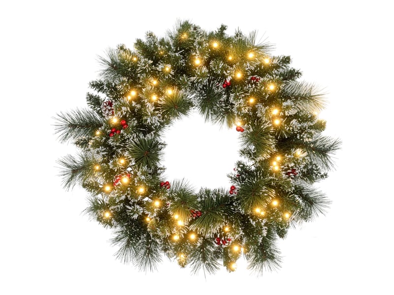  Couronne de noël porte artificielle 60 cm avec pommes de pin et grappes de baies, lumières led et minuterie vert  - Conforama A