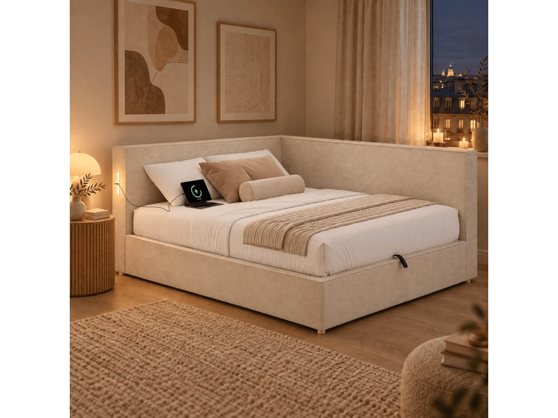 Lit banquette enfant 140x190 cm rembourré en chenille avec rangement, sommier à lattes, led et ports usb et usb-c, pour chambre d’adolescent - beige - Conforama B