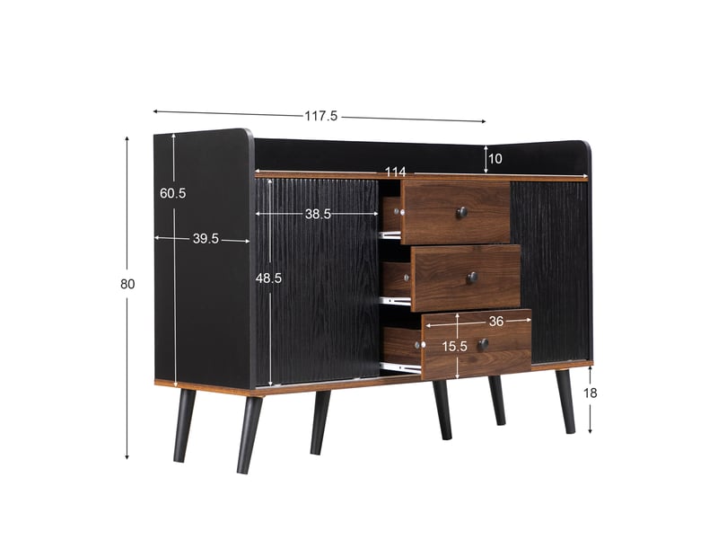  Buffet 117,5x40x80 cm noir et bois, mdf et panneaux de particules, 2 portes coulissantes et 3 tiroirs  - Conforama C