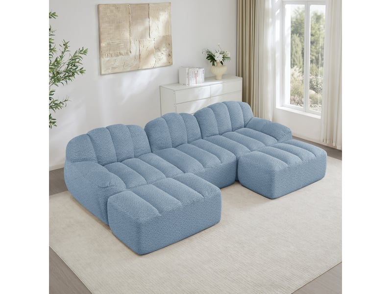  Canapé modulable u 3 places bleu en tissu bouclette avec 2 poufs, assise profonde pour salon familial  - Conforama B