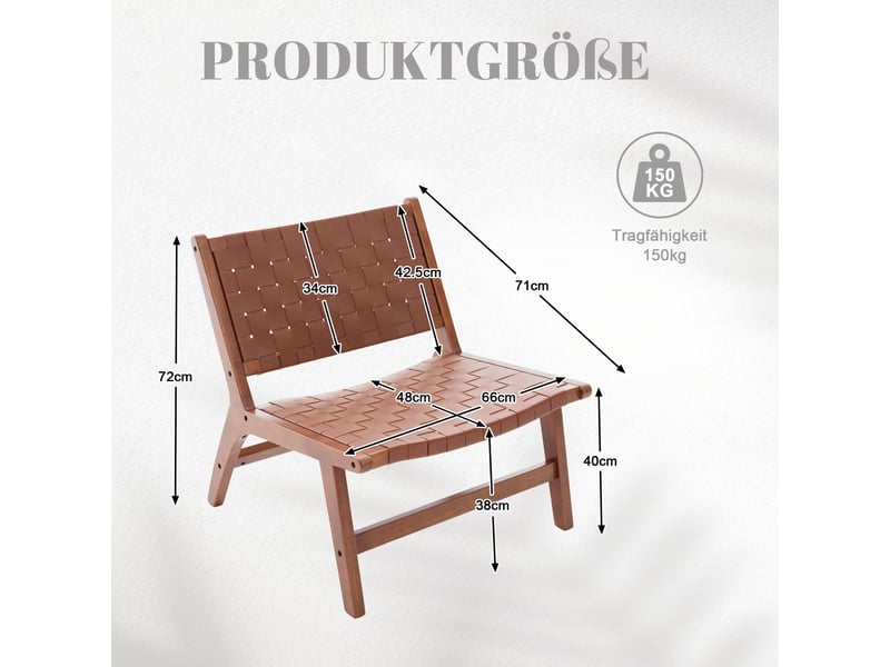 Fauteuil tressé sans accoudoirs avec assise basse et structure en bois, revêtement pu marron, 71 × 66 × 72 cm - Conforama D