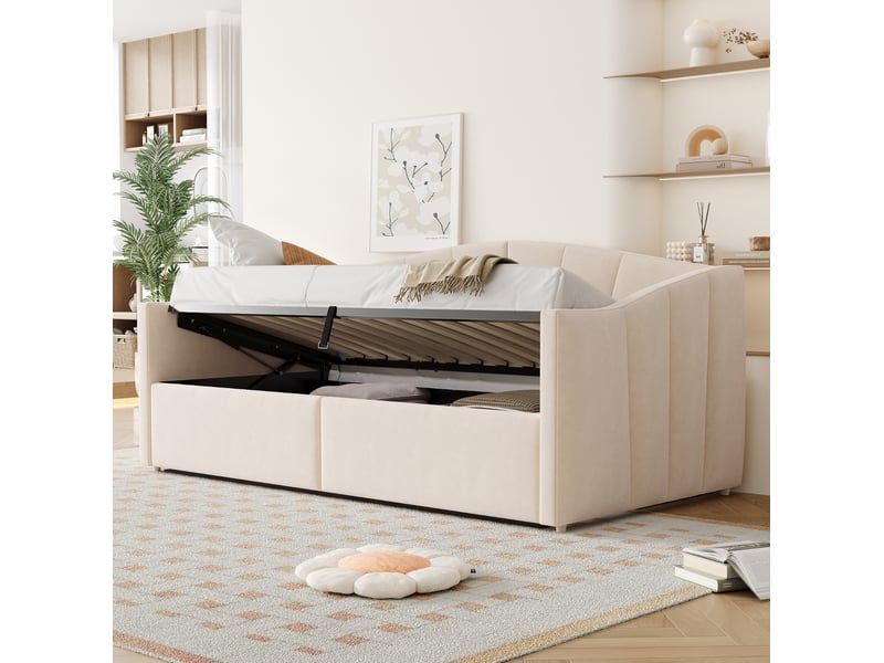  Lit enfant 90 x 200 cm rangement sommier à lattes accoudoirs dossier rayé tissu velours beige sans matelas  - Conforama B