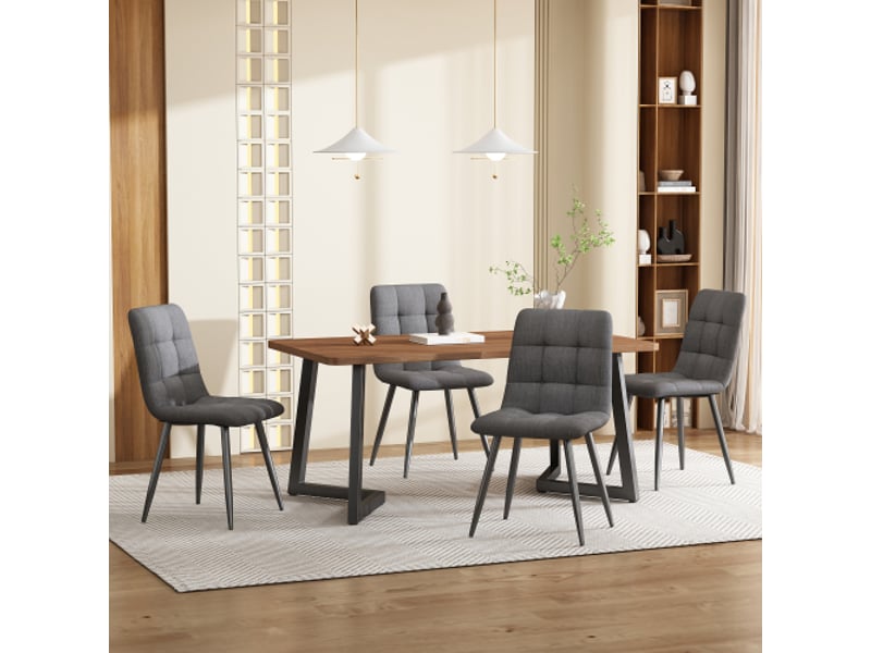  Ensemble salle à manger 5 pièces – table mdf noyer et 4 chaises lin gris foncé, pieds métal noirs  - Conforama B