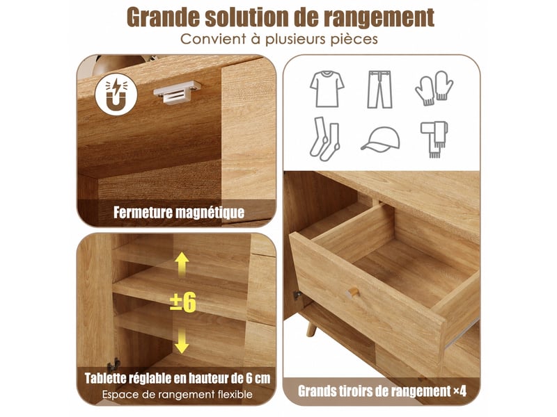  Buffet 4 tiroirs et 2 portes effet rotin, finition chêne clair, 140x40x86 cm  - Conforama D