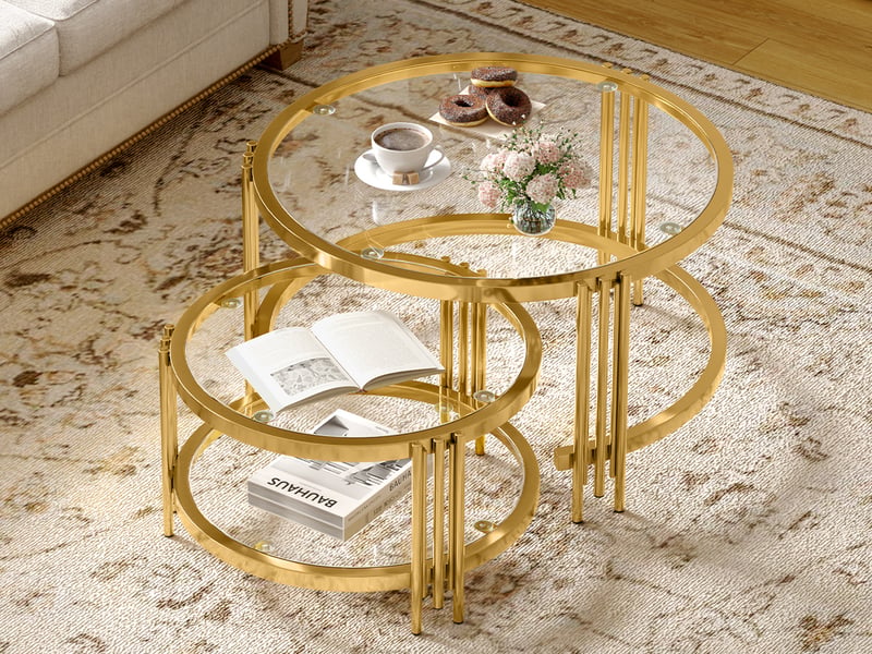  Lot de 2 tables basses rondes ø 80 et 60 cm, plateaux en verre amovibles, métal doré et verre transparent  - Conforama D