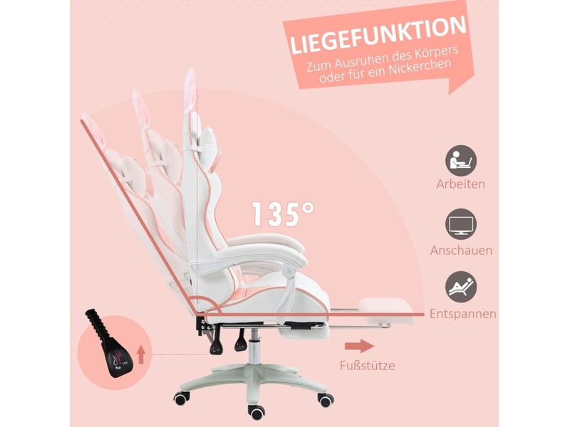  Chaise gaming rose à oreilles de lapin, en cuir régénéré, avec repose-pieds extensible et inclinaison à 135°  - Conforama E