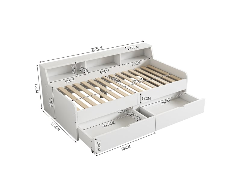  Lit banquette 90x200 cm blanc avec deux tiroirs et compartiments de rangement  - Conforama C